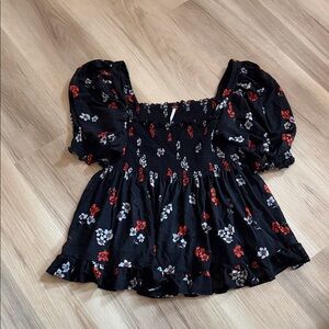 Free People Black Floral Smocked Top